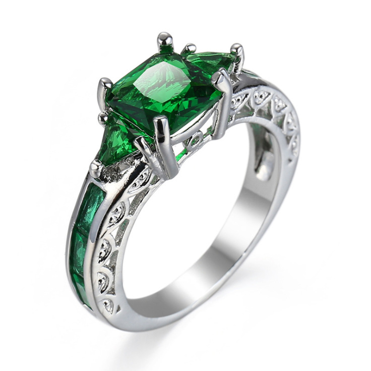 925 Sterling Silver Plating Princess Cut Green Cubic Zirconia CZ Engagement Ring Emerald Engagement Ring