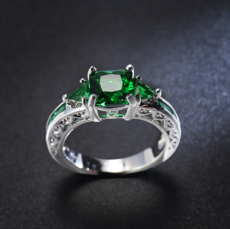 925 Sterling Silver Plating Princess Cut Green Cubic Zirconia CZ Engagement Ring Emerald Engagement Ring