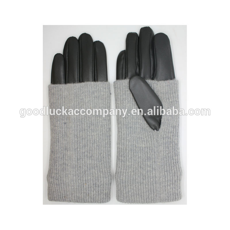 ladies sheepskin leather gloves  with  grey color knitted cuff