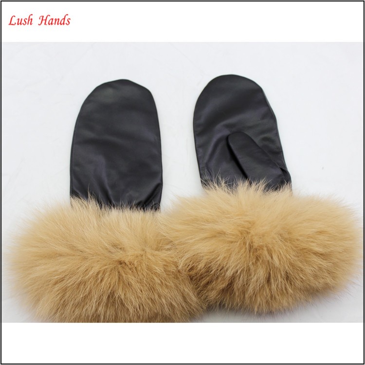 2016 women winter factory gloves wholesale leather mittens gloves with long fur