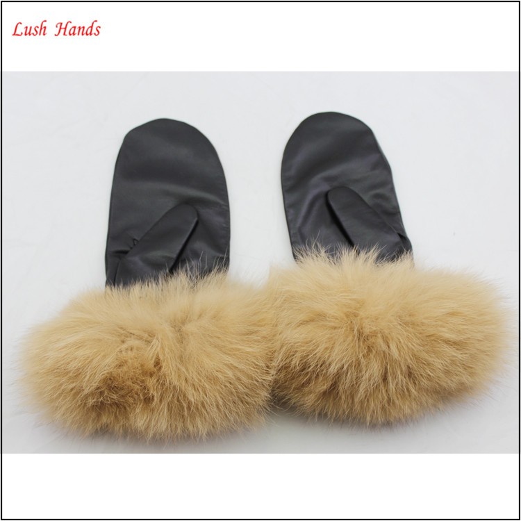 2016 women winter factory gloves wholesale leather mittens gloves with long fur