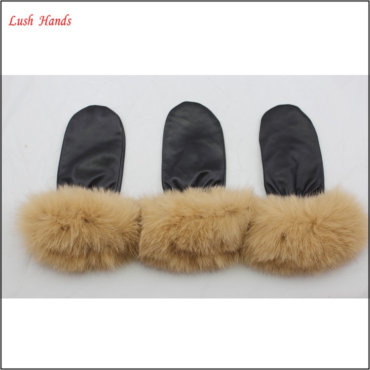 2016 women winter factory gloves wholesale leather mittens gloves with long fur