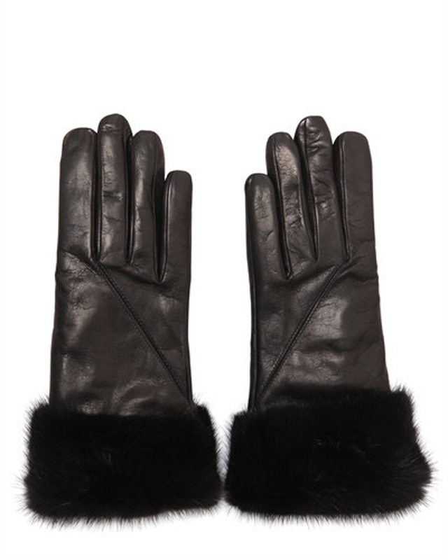 lady's black sheep skin leather gloves for women with rabbit fur