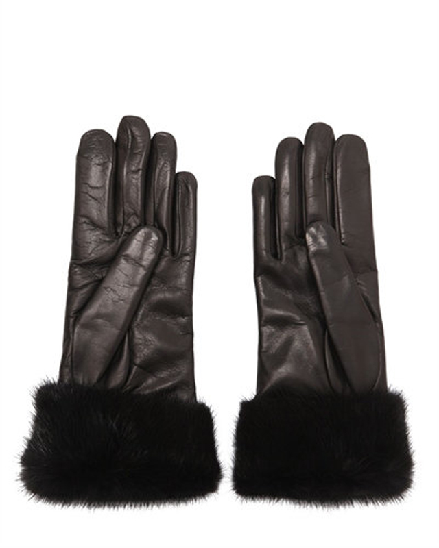 lady's black sheep skin leather gloves for women with rabbit fur